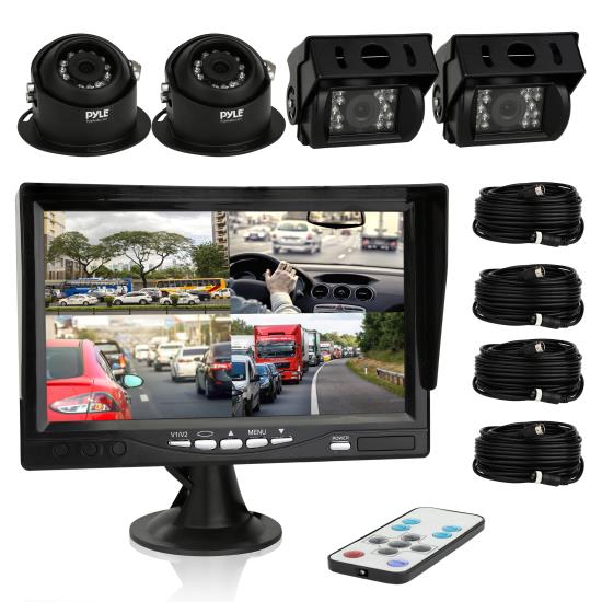 Pyle - PLCMTRS77 , On the Road , Rearview Backup Cameras - Dash Cams , Rearview Backup Camera & Video Monitor System Kit, Quad View Split Screen Cam Display, (4) Commercial Grade Night Vision Waterproof Cameras, 7'' Screen, Dual DC 12/24V (for Bus, Truck, Trailer, Van)