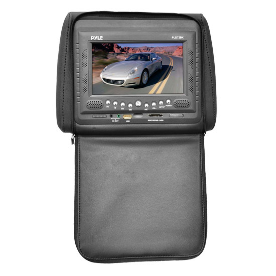 Pyle - PLD72BK , On the Road , Headrest Video , Adjustable Headrest w/ Built-In 7'' TFT/LCD Monitor w/ Built in Multimedia Disc Player & IR/FM Transmitter With Cover (Black)