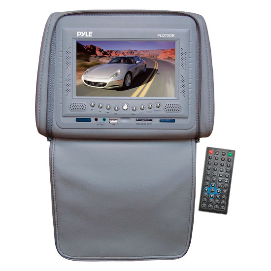 Pyle - PLD72GR , On the Road , Headrest Video , Adjustable Headrest w/ Built-In 7'' TFT/LCD Monitor w/ Built in Multimedia Disc Player & IR/FM Transmitter With Cover (Gray)