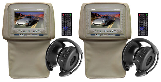 Pyle - PLD76TN , On the Road , Headrest Video , Pair of Adjustable Headrests w/ Built-In 7'' TFT/LCD Monitor w/ Built in Multimedia Disc Player & IR/FM Transmitter With Cover (Tan Color)