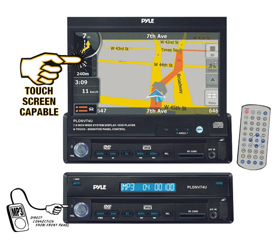 Pyle - PLDNV74U , On the Road , Headunits - Stereo Receivers , 7'' Motorized TFT Touch Screen Multimedia Disc/MP3 Player/AM/FM/SD USB/Built-In GPS/TTS w USA/Canada & Mexico Maps