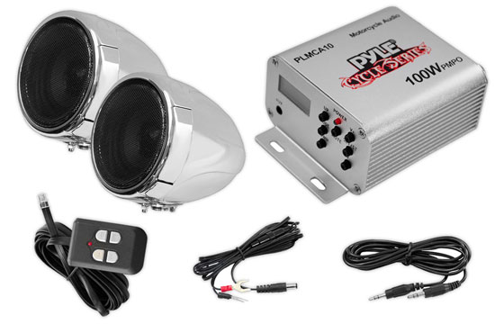 Pyle - PLMCA10 , On the Road , Motorcycle and Off-Road Speakers , 100 Watt Weatherproof Speaker and Amplifier System with Dual 3'' Speakers, Aux (3.5mm) Input, Handlebar Mount (for Motorcycle, ATV, Snowmobile, Scooter, Boat, Waverunner, Jetski, etc.)