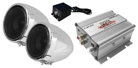 Pyle - PLMCA20 , On the Road , Motorcycle and Off-Road Speakers , 100 Watt Weatherproof Speaker and Amplifier System with Dual 3'' Speakers, Aux (3.5mm) Input, Handlebar Mount (for Motorcycle, ATV, Snowmobile, Scooter, Boat, Waverunner, Jetski, etc.)