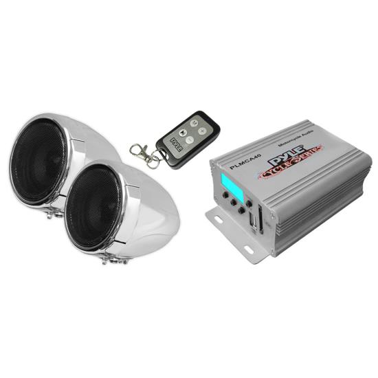 Pyle - PLMCA40 , On the Road , Motorcycle and Off-Road Speakers , 100 Watt Weatherproof Speaker and Amplifier System, with Dual 3'' Speakers, USB/SD Card Readers, Aux (3.5mm) Input, Handlebar Mount, FM Radio (for Motorcycle, ATV, Snowmobile, Scooter, Boat, Waverunner, Jetski, etc.)