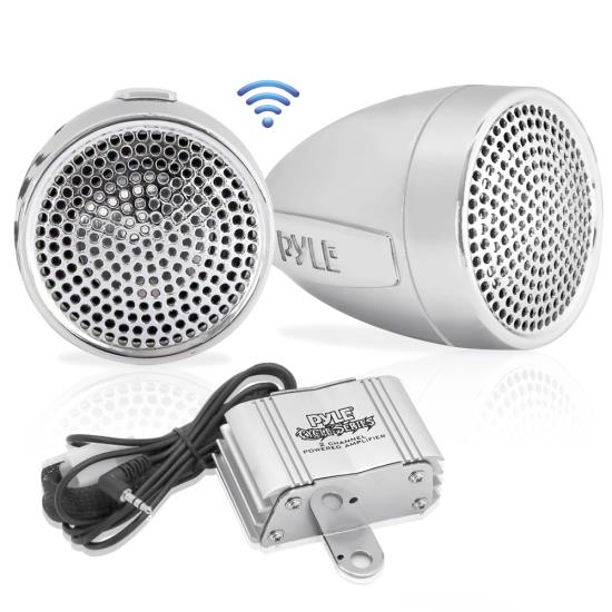 Pyle - PLMCA62BT , On the Road , Motorcycle and Off-Road Speakers , 600 Watt Bluetooth Sound System for Motorcycle/ATV/Snowmobile with Weatherproof Speakers, Amplifier, 3.5mm Input for iPod/MP3 Players, iPhones, Smartphones, Dual Handle-Bar Mount and USB Charger