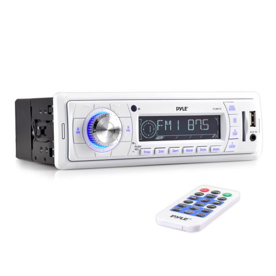 Pyle - PLMR18 , Marine and Waterproof , Headunits - Stereo Receivers , Stereo Radio Headunit Receiver, Aux (3.5mm) MP3 Input, USB Flash & SD Card Readers, Remote Control, Single DIN (White)