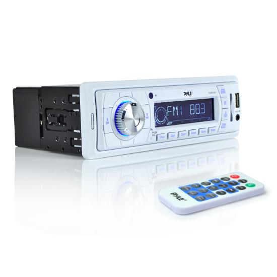 Pyle - PLMR19W , Marine and Waterproof , Headunits - Stereo Receivers , Stereo Radio Headunit Receiver, Aux (3.5mm) MP3 Input, USB Flash & SD Card Readers, Remote Control, Weatherband, Single DIN (White)