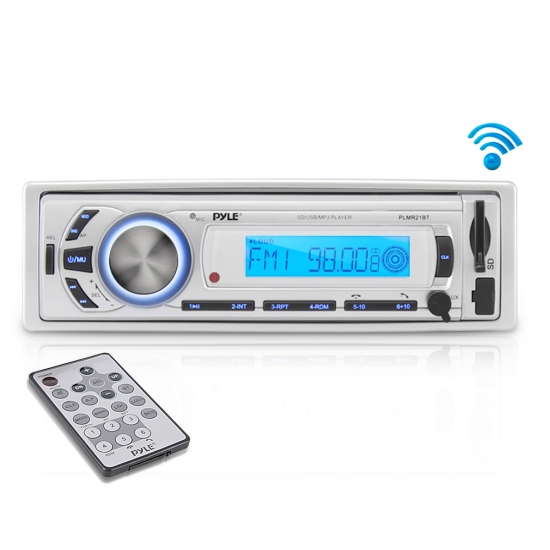 Pyle - PLMR21BT , Marine and Waterproof , Headunits - Stereo Receivers , Bluetooth Stereo Radio In-Dash Console Headunit Receiver, USB/SD/MP3 Playback, Aux (3.5mm) Input, AM/FM Radio, Single DIN, Remote Control