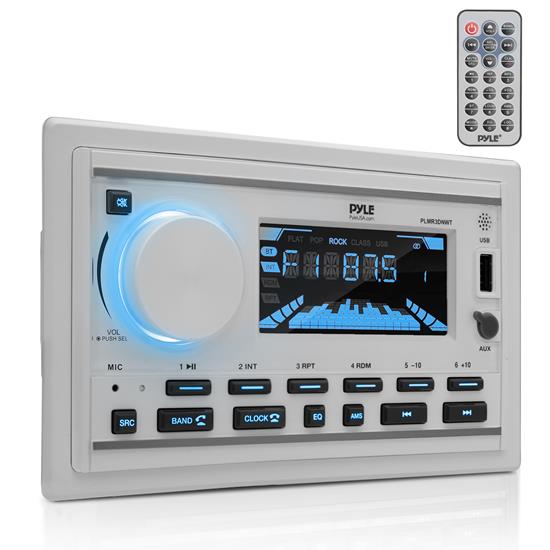 Pyle - PLMR3DNWT , On the Road , Headunits - Stereo Receivers , Marine Stereo Receiver Power Amplifier & Speaker Kit - AM/FM/MP3/BT/USB/AUX, Marine Stereo Receiver, Double DIN, 30 Preset Memory Stations, LCD Display with Remote Control & 1 Pair of PLMR60W