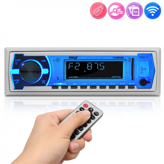 Pyle - PLMRB29W , Marine and Waterproof , Headunits - Stereo Receivers , Bluetooth In-Dash Stereo Radio Headunit Receiver, Wireless Music Streaming, Hands-Free Call Answering, MP3 Playback, USB/SD Card Readers, Aux (3.5mm) Input, Remote Control, Single DIN