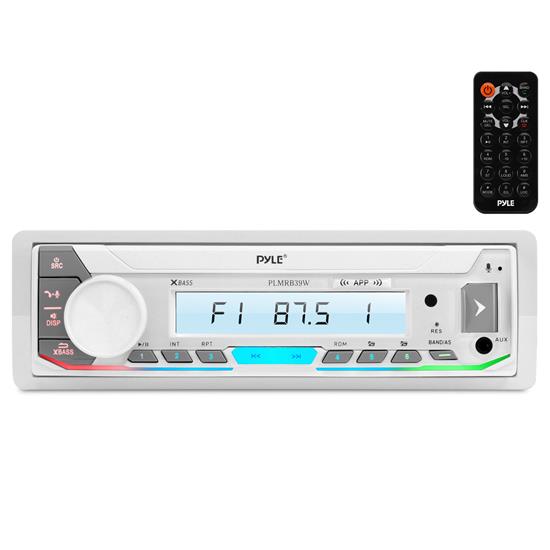 Pyle - PLMRB39W , On the Road , Headunits - Stereo Receivers , Marine Stereo Receiver Power Amplifier - AM/FM/MP3/USB/AUX/SD Card Reader Marine Stereo Receiver, Single DIN, 30 Preset Memory Stations, LCD Display with Remote Control