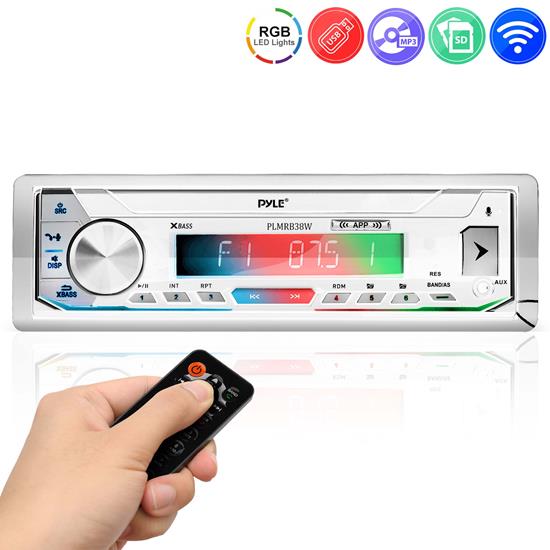 Pyle - PLMRB39W , On the Road , Headunits - Stereo Receivers , Marine Stereo Receiver Power Amplifier - AM/FM/MP3/USB/AUX/SD Card Reader Marine Stereo Receiver, Single DIN, 30 Preset Memory Stations, LCD Display with Remote Control