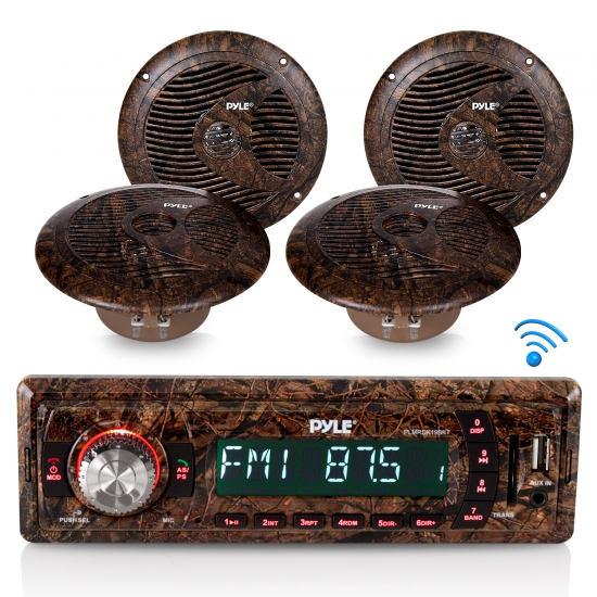 Pyle - PLMRDK19BKT , Marine and Waterproof , Headunits - Stereo Receivers , On the Road , Headunits - Stereo Receivers , Camo Marine Stereo Receiver & Speaker Kit, Bluetooth Wireless Streaming, 6.5’’ Waterproof Speakers, Hunting Camouflage Style, MP3/USB/SD/AUX/FM Radio, Single DIN