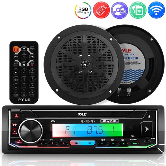 Pyle - PLMRK47BK , On the Road , Headunits - Stereo Receivers , Marine Stereo Receiver Speaker Kit AM/FM/MP3/USB/AUX/SD Card Reader, Single DIN, 30 Preset Memory Stations, 2 Speakers LCD Display with Remote Control