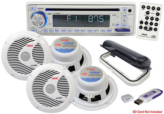 Pyle - PLMRKIT108 , Disc , Complete Marine Water Proof 4 Speaker USB/Mp3/Combo w/Stereo Cover, 6.5'' Speakers And USB Drive (White)