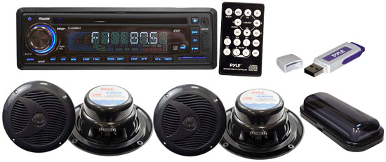 Pyle - PLMRKIT109 , On the Road , Headunits - Stereo Receivers , Complete Marine Water Proof 4 Speaker USB/Mp3/Combo 6.5''Speakers w/ Stereo Cover And USB Drive (Black)