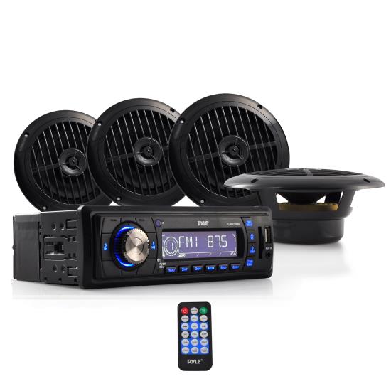Pyle - PLMRKT14BK , Marine and Waterproof , Receiver & Speaker Kits , Marine Stereo Receiver & Speaker Kit - Weather Band AM/FM Radio Headunit - (4) Waterproof 6.5'' Speakers, MP3/USB/SD/AUX, Single DIN, 4 x 50 Watt (Black)