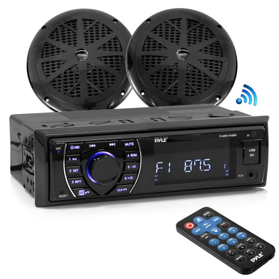 Pyle - UPLMRKT46BK , Marine and Waterproof , Receiver & Speaker Kits , Bluetooth Marine Receiver Stereo & Speaker Kit, Hands-Free Calling, Wireless Streaming, MP3/USB/SD Readers, AM/FM Radio, (2) 5.25” Waterproof Speakers (Black)