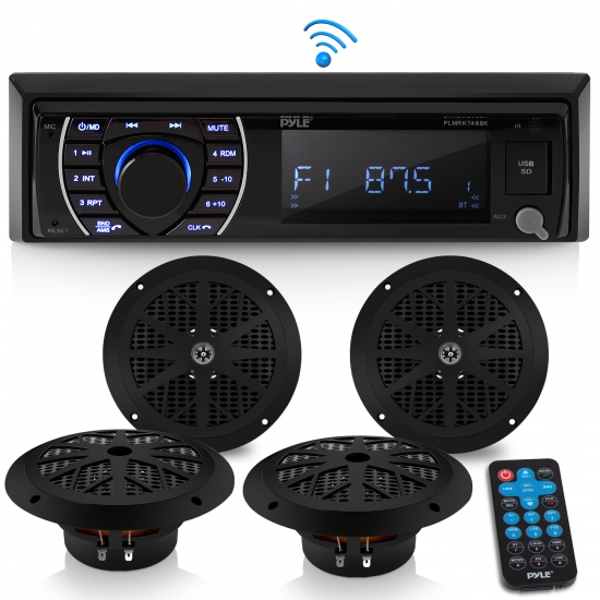 Pyle - UPLMRKT48BK , Marine and Waterproof , Receiver & Speaker Kits , Bluetooth Marine Receiver Stereo & Speaker Kit, Hands-Free Calling, Wireless Streaming, MP3/USB/SD Readers, AM/FM Radio, (4) 6.5” Waterproof Speakers (Black)