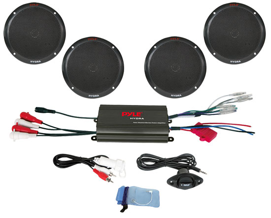 Pyle - PLMRKT4B , Marine and Waterproof , Amplifier & Speaker Kits , 4 Channel 800 Watt Waterproof Micro Marine Amplifier & 6.5'' Speaker System