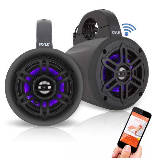 Pyle - UPLMRLEWB47BB , On the Road , Vehicle Speakers , Waterproof Rated Bluetooth Marine Tower Speakers - Wakeboard Subwoofer Speaker System with Wireless Music Streaming & LED Lights (4’' -inch, 300 Watt)