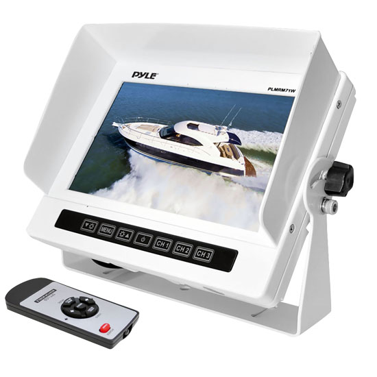 Pyle - UPLMRM71W , Marine and Waterproof , Marine Video , Marine Grade Water Proof IPX7 7'' LCD Wide-Screen Monitor with Anti-Glare Shield & Universal Stand (White Color)