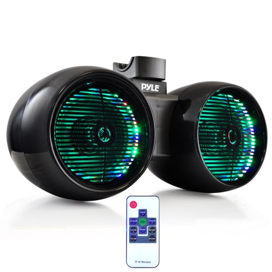 Pyle - PLMRWB652LEB , On the Road , Vehicle Speakers , Dual Marine Tower Speakers, Wakeboard Water Resistant Sound System, Built-in Programmable Multi-Color LED Lights, 6.5'' Tower Speakers, 400 Watt, Remote Control, Black