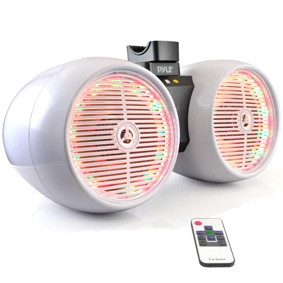Pyle - PLMRWB652LEW , On the Road , Vehicle Speakers , Dual Marine Tower Speakers, Wakeboard Water Resistant Sound System, Built-in Programmable Multi-Color LED Lights, 6.5'' Tower Speakers, 400 Watt, Remote Control, White
