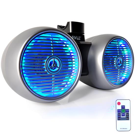 Pyle - PLMRWB852LES , On the Road , Vehicle Speakers , Dual Marine Tower Speakers, Wakeboard Water Resistant Sound System, Built-in Programmable Multi-Color LED Lights, 600 Watt 8'' Tower Speakers, Remote Control, Silver