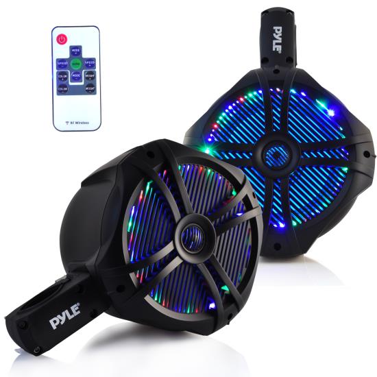 Pyle - PLMRWB85LEB , On the Road , Vehicle Speakers , Dual Marine Wakeboard Water Resistant Speakers, Built-in Programmable Multi-Color LED Lights, 8'' Tower Speakers, 260 Watt, Remote Control, Black