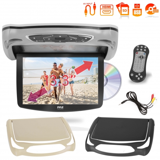 Pyle - PLRD146 , On the Road , Headrest Video , Vehicle Flip-Down Display Screen Roof Mount Monitor with Multimedia Disc Player, USB/SD Readers, FM Transmitter, Includes (3) Housing Color Covers (13.3’’ -inch Display)