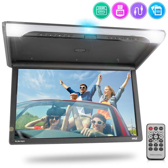 Pyle - PLRV1925 , On the Road , Overhead Monitors - Roof Mount , Vehicle Flip-Down Display Screen - Roof Mount Monitor with 1080p Support, HDMI/USB/ Micro SD/IR/FM Transmitter, AV Input/Output, (19.4’’ -inch Display)