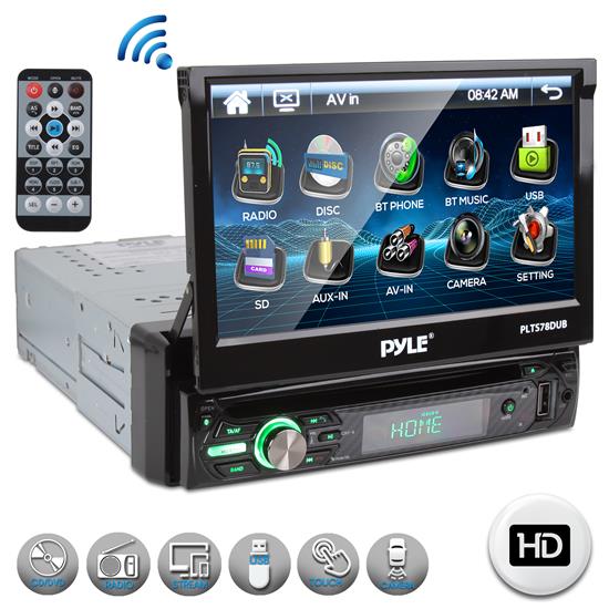 Pyle - AZPLTS78DUB , On the Road , Headunits - Stereo Receivers , 7'' Single DIN In-Dash Detachable Motorized Touch Screen TFT/LCD Monitor w/ Multimedia Disc/MP3/MP4/USB/SD/AM-FM Bluetooth Receiver