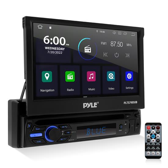 Pyle - PLTS79DUB , On the Road , Headunits - Stereo Receivers , Car Stereo Video Receiver with Multimedia Disc Player, BT Wireless Streaming, Hands-Free Talking, Motorized Fold-Out 7’’ Touchscreen Display, Multimedia DiscMP4/MP3/USB/AM/FM Radio, Single DIN