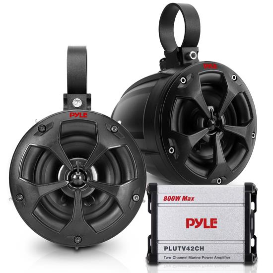 Pyle - PLUTV42CH.7 , On the Road , Vehicle Amplifiers , 800W Waterproof Marine Speakers + 2 Ch. Rated Amplifier -  ATV, UTV, 4x4, Jeep, Wired RCA, AUX, and MP3 Audio Input Cable, for Boat Stereo Speaker & Other Watercraft