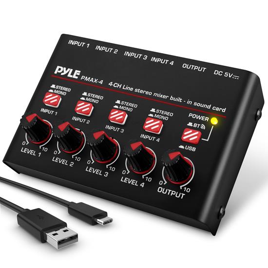 Pyle - PMAX4 , Sound and Recording , Mixers - DJ Controllers , 4-Channel Wireless BT Streaming Mini Line Mixer with USB Audio Interface - 4 Mono/Stereo Switching Inputs