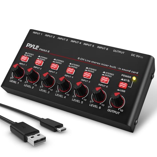 Pyle - PMAX6 , Sound and Recording , Mixers - DJ Controllers , 6-Channel Wireless BT Streaming Mini Line Mixer with USB Audio Interface - 6 Mono/Stereo Switching Inputs