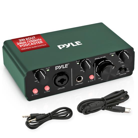 Pyle - PMUX42 , Sound and Recording , Mixers - DJ Controllers , USB /ASIO Audio Interface for Recording, Songwriting, Streaming and Podcasting, 2IN 2OUT 24bit /192kHz Podcaster (Brunswick Green)