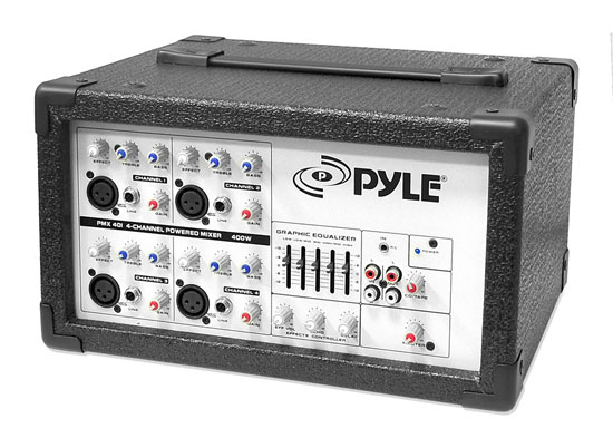 Pyle - PMX401 , Sound and Recording , Mixers - DJ Controllers , 4-Channel Powered PA Mixer / Amplifier, 150 Watt, Aux (3.5mm) and RCA Input Connector Jacks, Graphic EQ