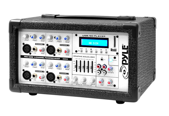 Pyle - PMX402M , Sound and Recording , Mixers - DJ Controllers , 4-Channel Powered Mixer - Pro Audio Stage & Studio Sound Mixer, MP3/USB/SD Readers, AUX (3.5mm) Input, Digital LCD Display (400 Watt)