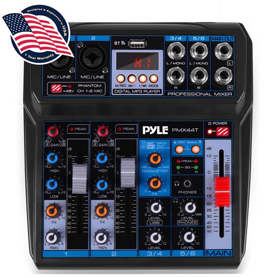 Pyle - PMX44T , Sound and Recording , Mixers - DJ Controllers , Professional 6-Channel Compact Audio Mixer - DC 5V Power Supply USB Interface Mixer with Bluetooth and DSP Sound Effects