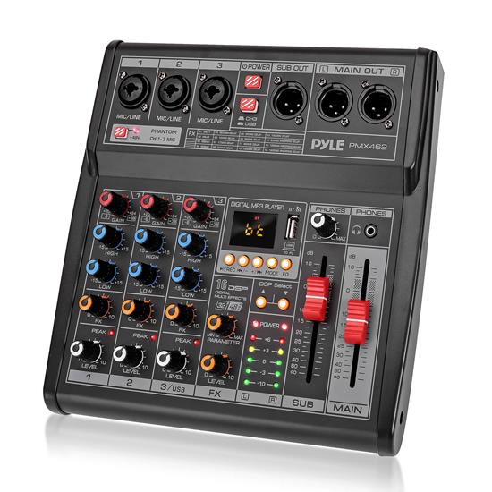 Pyle - PMX462 , Sound and Recording , Mixers - DJ Controllers , 3-Channel Audio Mixer With USB Interface -  Built-in FX Processor  MP3 Player, XLR & 6.35 Jack Connectors