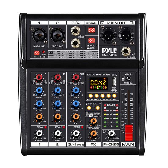 Pyle - PMX464 , Sound and Recording , Mixers - DJ Controllers , 4-Channel Audio Mixer  w/ Recording Interface -  Built-in FX Processor/AUX Input & MP3 Player, 2 XLR I/O Connectors