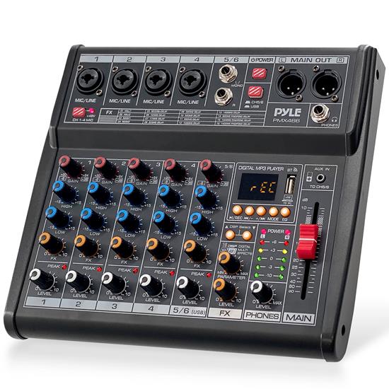 Pyle - PMX466 , Sound and Recording , Mixers - DJ Controllers , 6-Channel Audio Mixer w/ Recording Interface - Built-in Multi-FX Processor/AUX Input & MP3 Player, 4 XLR I/O Connectors