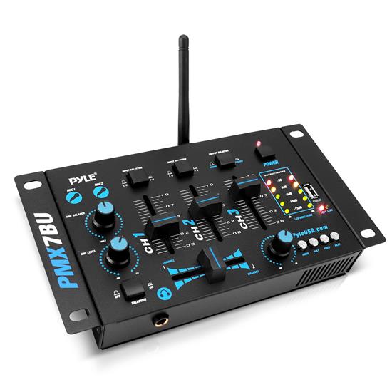 Pyle - PMX7BU , Sound and Recording , Mixers - DJ Controllers , Bluetooth 3-Channel DJ MP3 Mixer, Mic-Talkover, USB Flash Reader, Dual RCA & Microphone Inputs, Headphone Jack