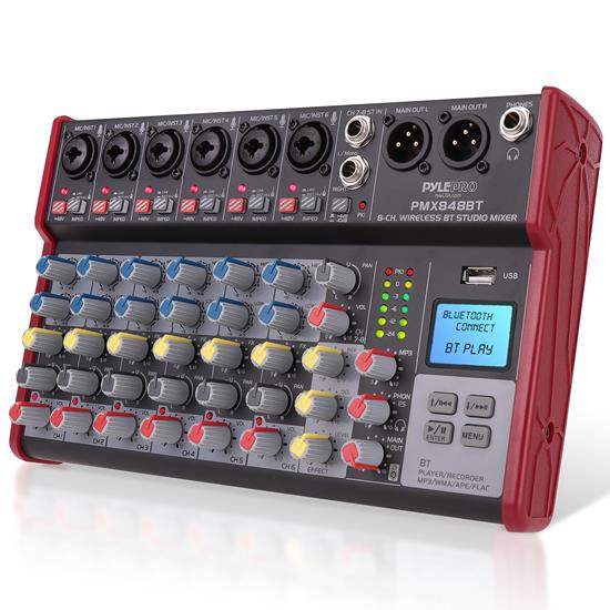 Pyle - PMX848BT , Sound and Recording , Mixers - DJ Controllers , 8-Ch. Bluetooth Studio Mixer - Pro Audio Digital DJ Audio Mixer Console (+48V Phantom Power)