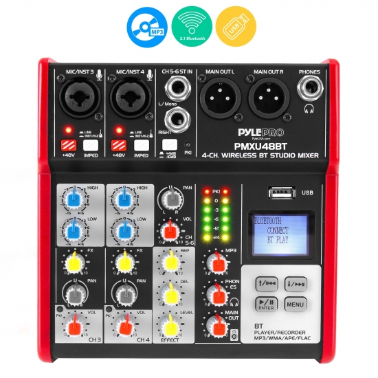 Pyle - CA-PMXU48BT , Sound and Recording , Mixers - DJ Controllers , 4-Ch. Bluetooth Studio Mixer - Pro Audio Digital DJ Audio Mixer Console (+48V Phantom Power)