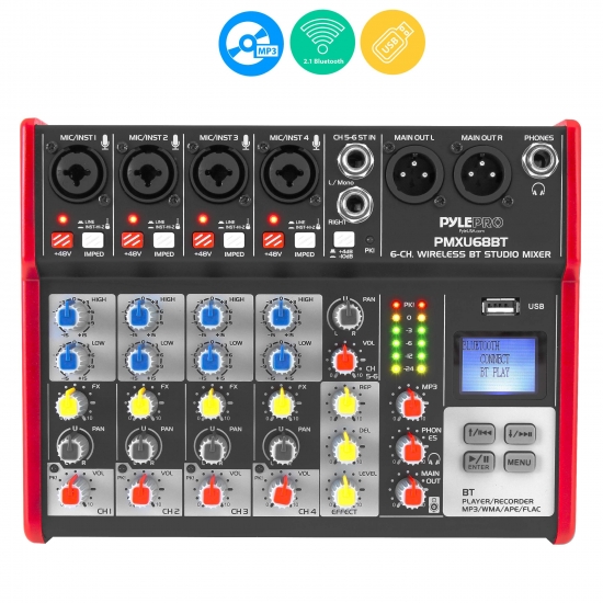 Pyle - PMXU68BT , Sound and Recording , Mixers - DJ Controllers , 6-Ch. Bluetooth Studio Mixer - Pro Audio Digital DJ Audio Mixer Console (+48V Phantom Power)