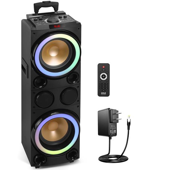 Pyle - PPHD210 , Sound and Recording , PA Loudspeakers - Cabinet Speakers , 10'' Portable Bluetooth PA Karaoke  Speaker System - Karaoke Speaker with LED Lights, USB/Micro SD/FM/BT/Aux/Remote Control/Mic & Guitar Inputs, Built-in Rechargeable Battery, w/ Wheels & Handle Bar (1200 Watt)