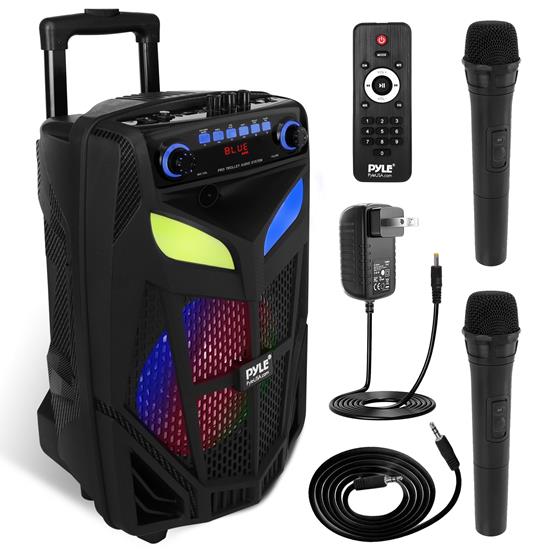 Pyle - PPHP101WMB , Sound and Recording , PA Loudspeakers - Cabinet Speakers , 10’’ Bluetooth Portable PA Speaker - Portable PA & Karaoke Party Audio Speaker with two wireless microphones, with Built-in Rechargeable Battery, Flashing Party Lights, MP3/USB/ /FM Radio (600 Watt MAX)